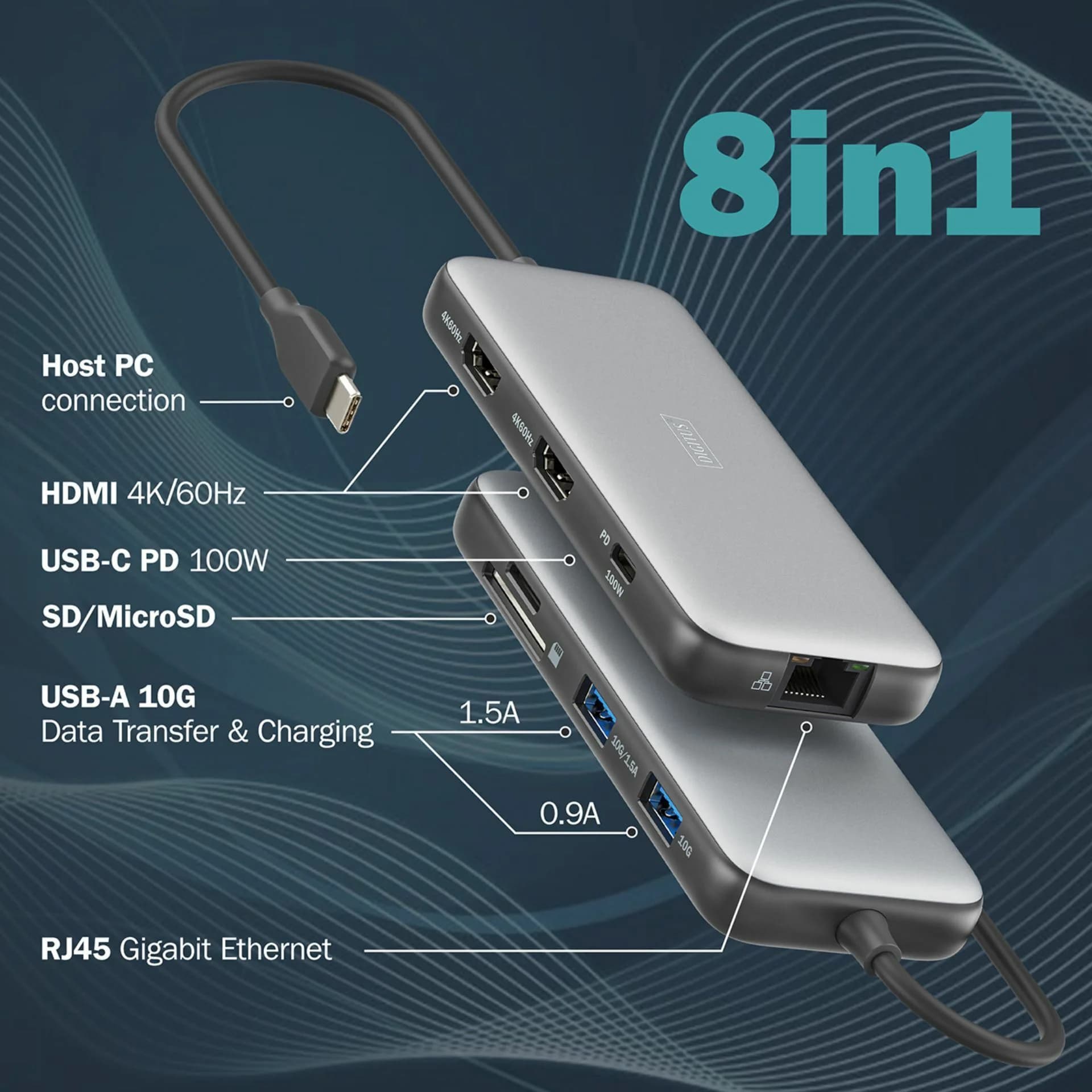 Digitus Digitus priklopna postaja USB 3.2 TipC 8v1 4K siva DA-70915 Priklopne postaje