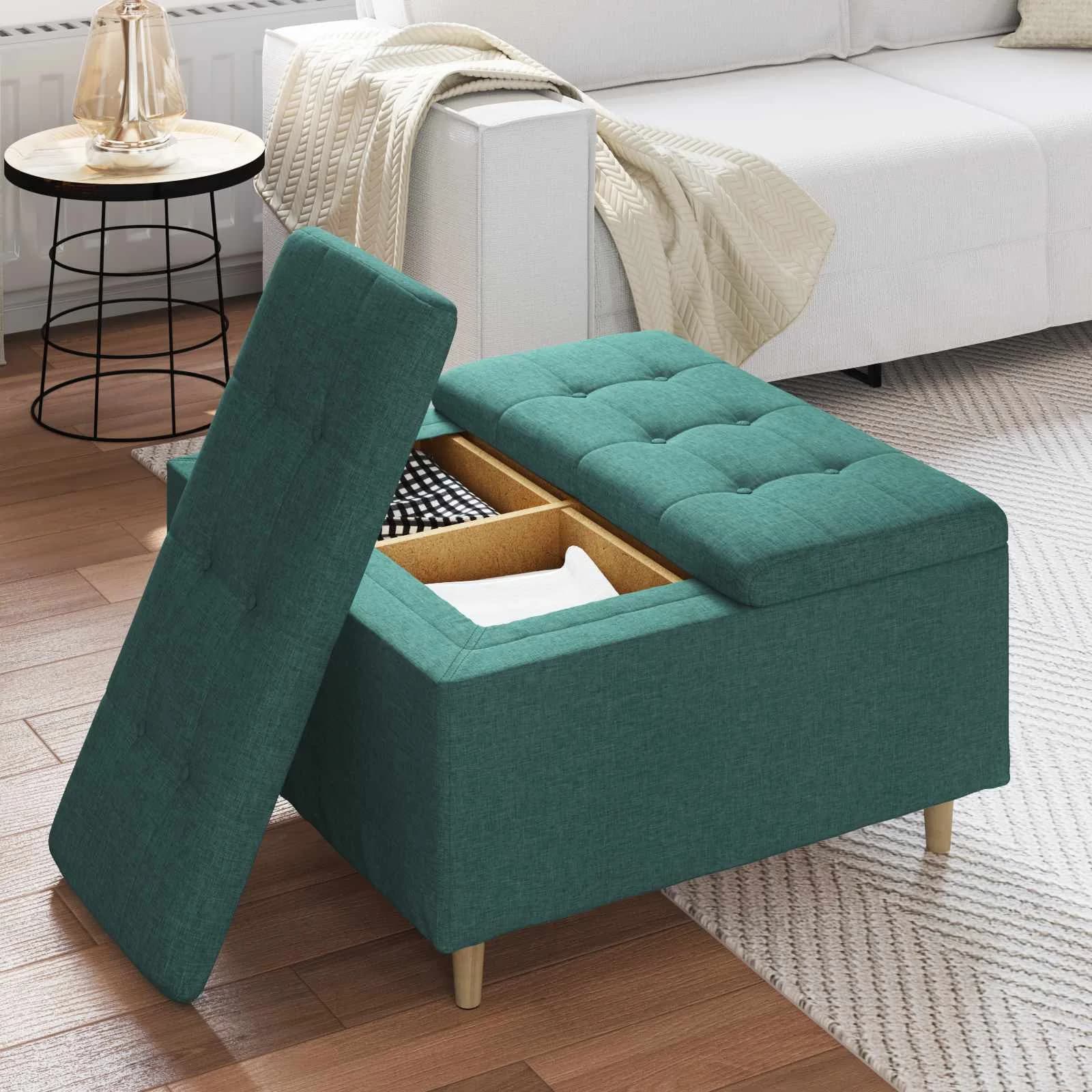 Shranjevalna tabureta Temno zelena 80 x 80 x 45 cm blago - slika 4