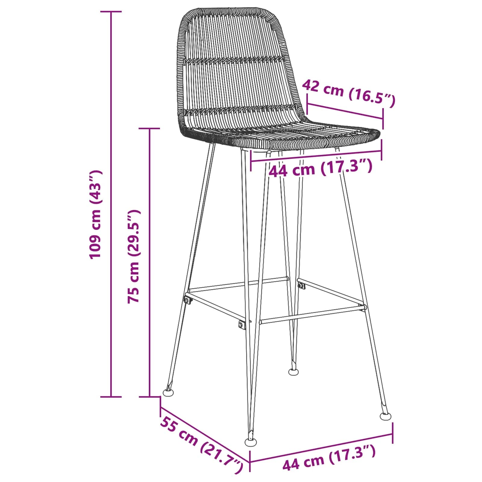 Barski stol 2 kos Črna 44 x 55 x 109 cm Rattan in jeklo - slika 10