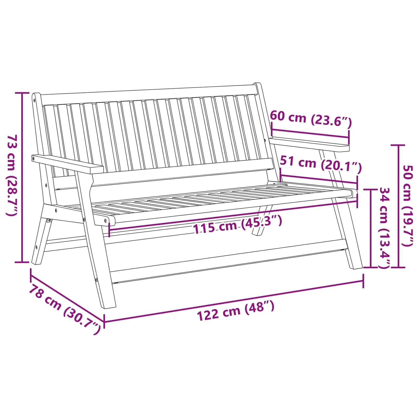 Relax bench Rjava 122 x 78 x 73 cm Masiven les akacije - slika 5
