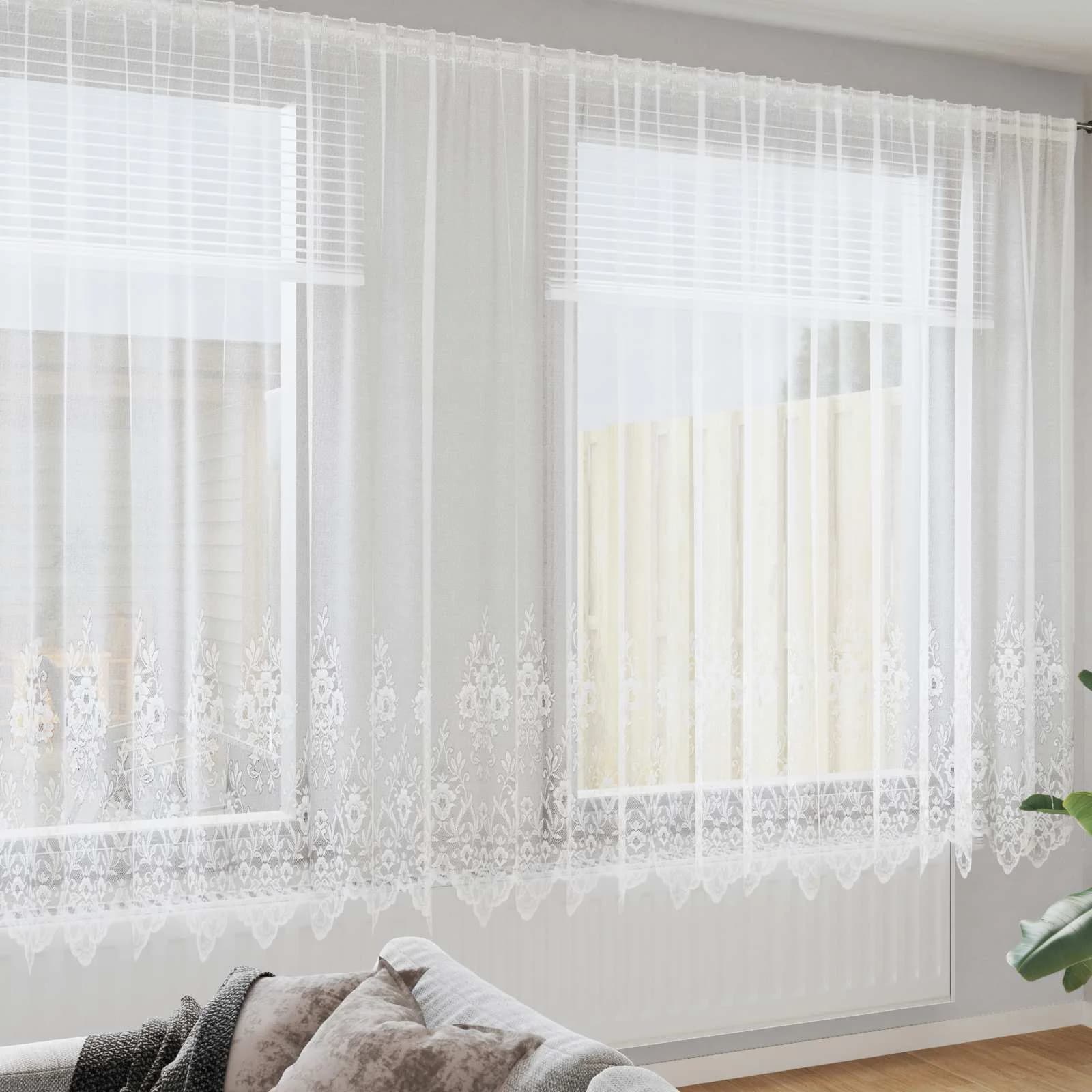 Čipkasta Zavesa z zavesami Bela 220 x 1200 cm Poliester