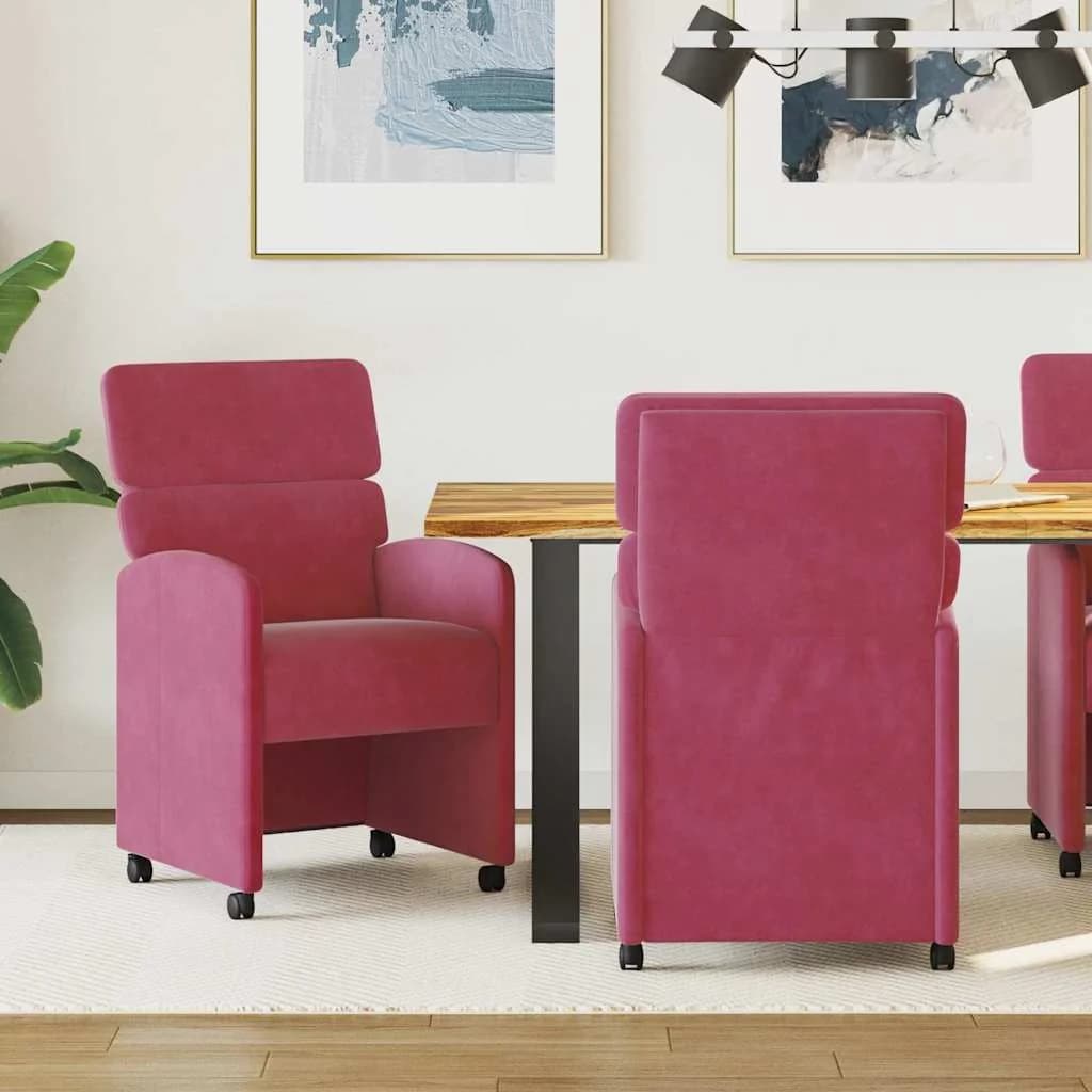 Jedilni stoli s kolesi 2 kos Žamet vinsko rdeča 58 x 65 x 98 cm
