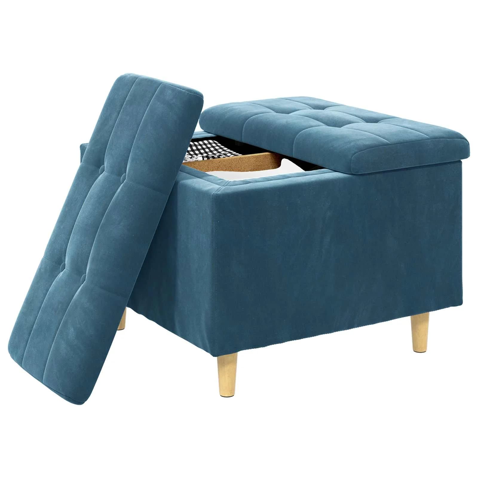 Shranjevalna tabureta z blazino Modra 60 x 60 x 45 cm Žamet - slika 3
