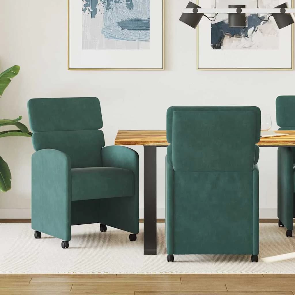 Jedilni stoli s kolesi 2 kos Žamet Temno zelena 58 x 65 x 98 cm