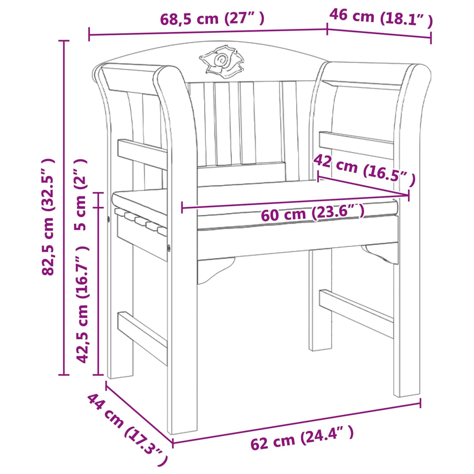 Klop s rozami Naravna 68,5 x 46 x 82,5 cm Masiven les akacije - slika 9