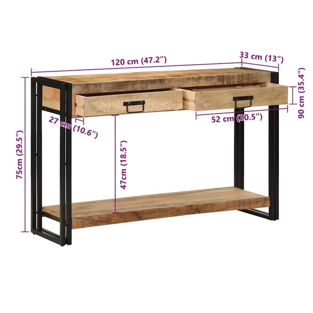 Konzolna miza s polico Rjava 120 x 33 x 75 cm Masiven les manga - slika 12