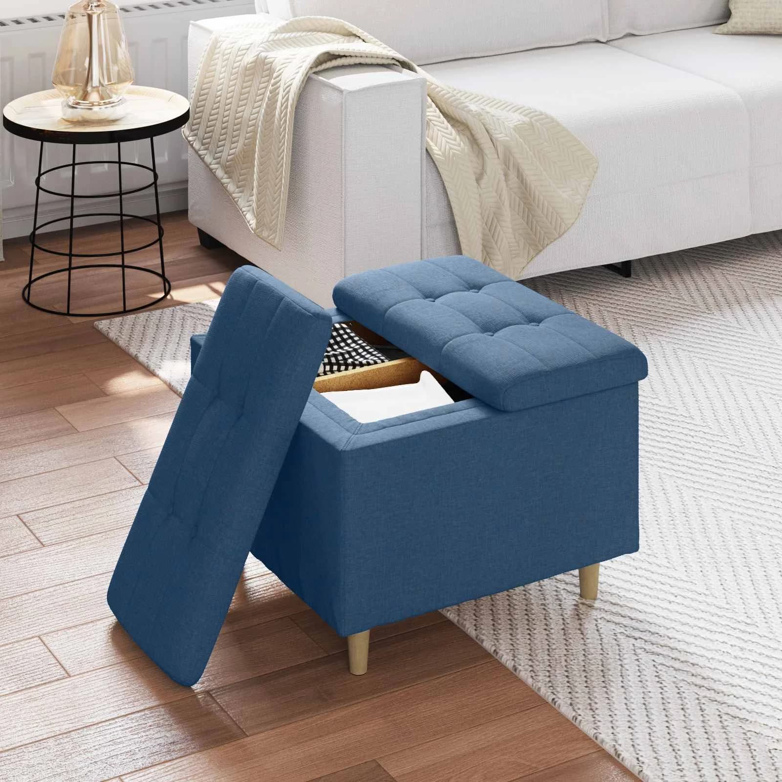 Shranjevalna tabureta z blazino Modra 60 x 60 x 45 cm blago - slika 4