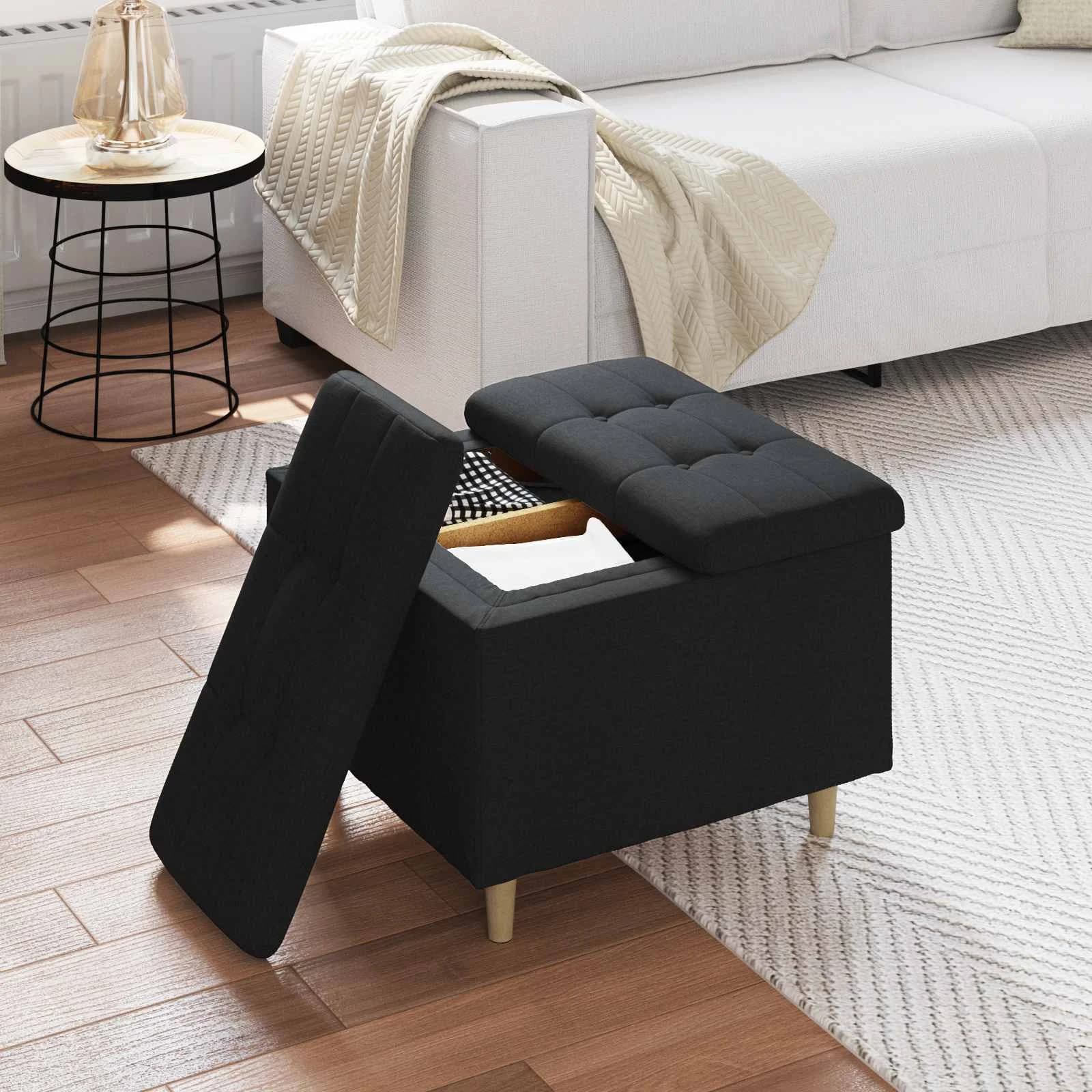 Shranjevalna tabureta z blazino Črna 60 x 60 x 45 cm blago - slika 4