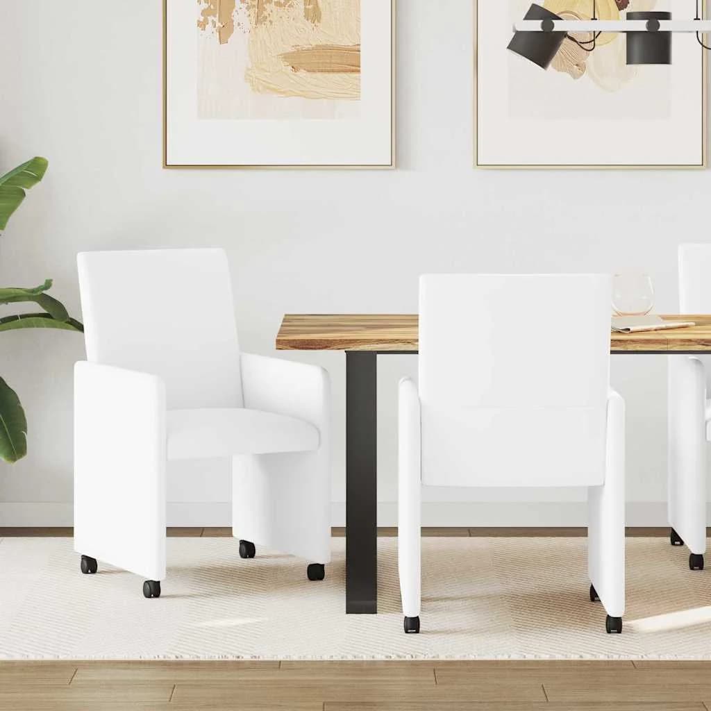 Jedilni stoli s kolesi 2 kos Umetna koža Bela 57 x 66 x 94 cm