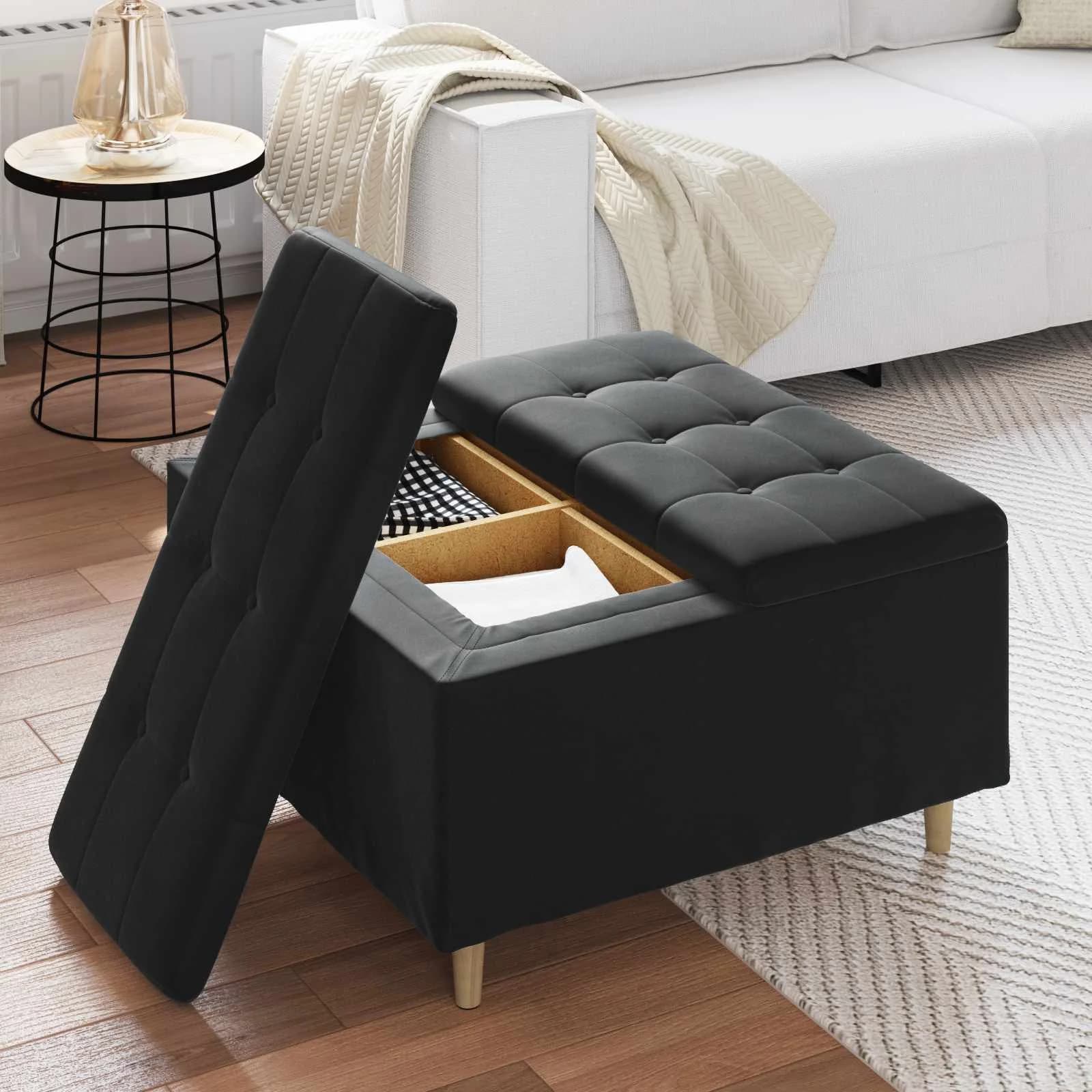 Shranjevalna tabureta z blazino Črna 80 x 80 x 45 cm Žamet - slika 4