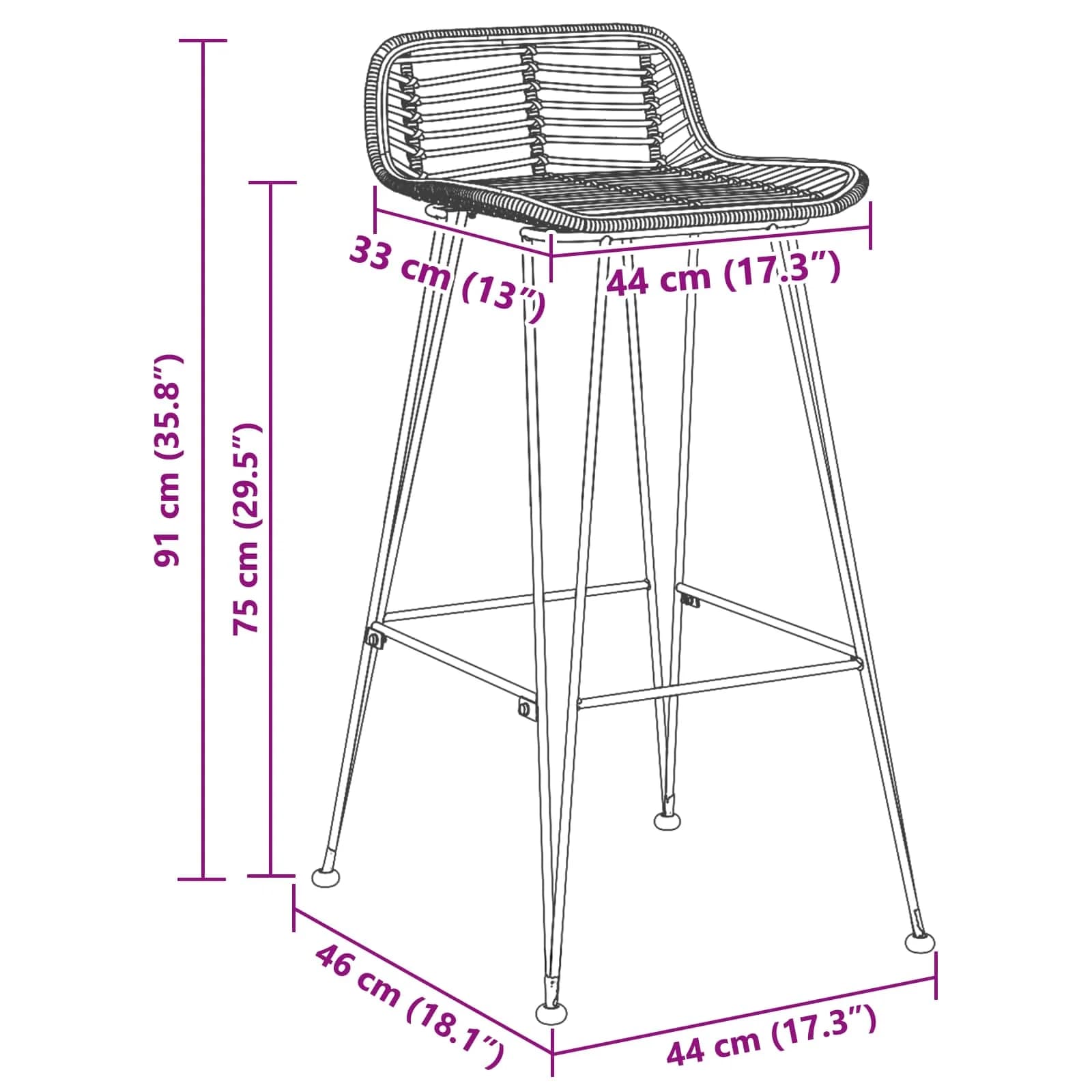 Barski stol 2 pcs Črna 44 x 46 x 91 cm Rattan in jeklo - slika 10