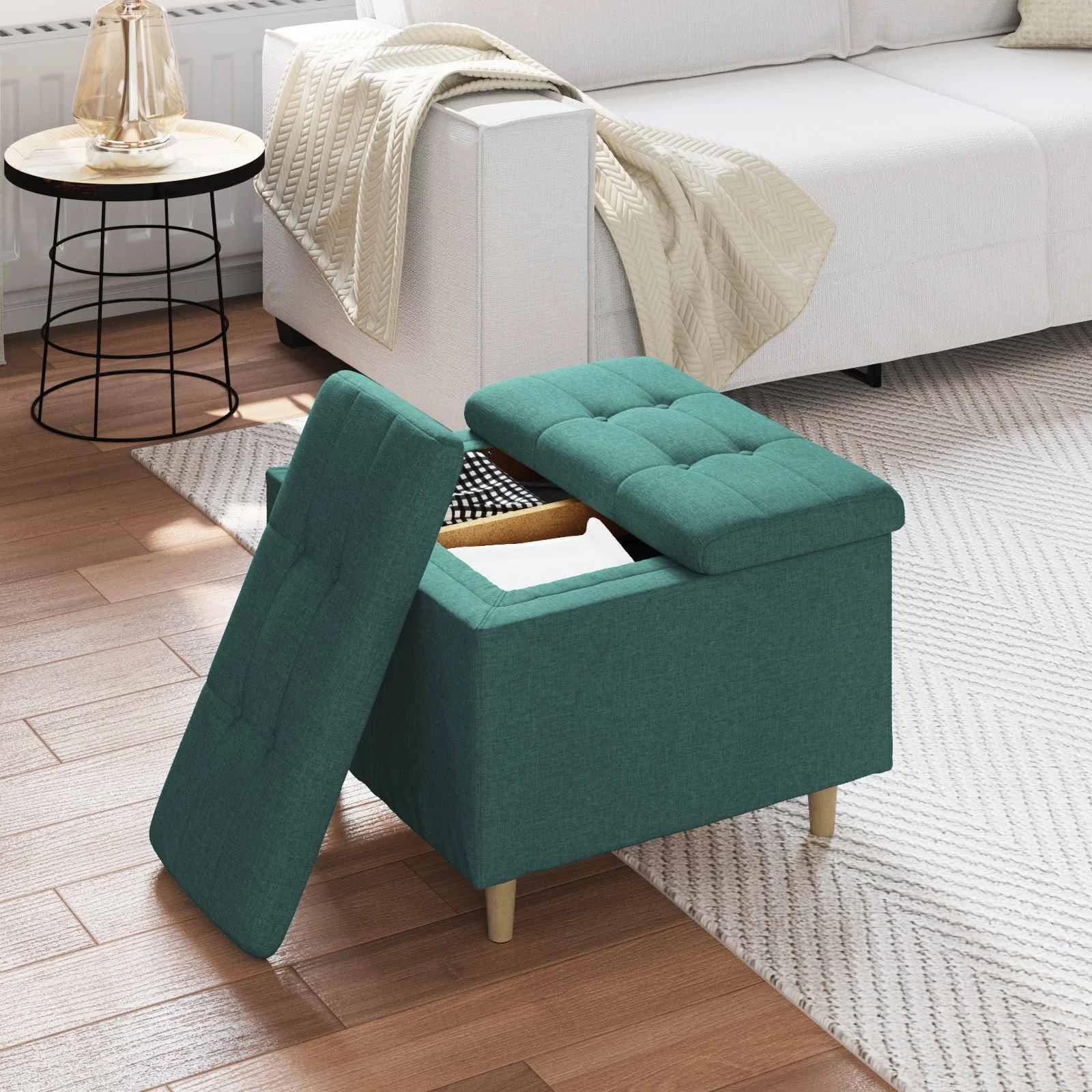 Shranjevalna tabureta Temno zelena 60 x 60 x 45 cm blago - slika 4