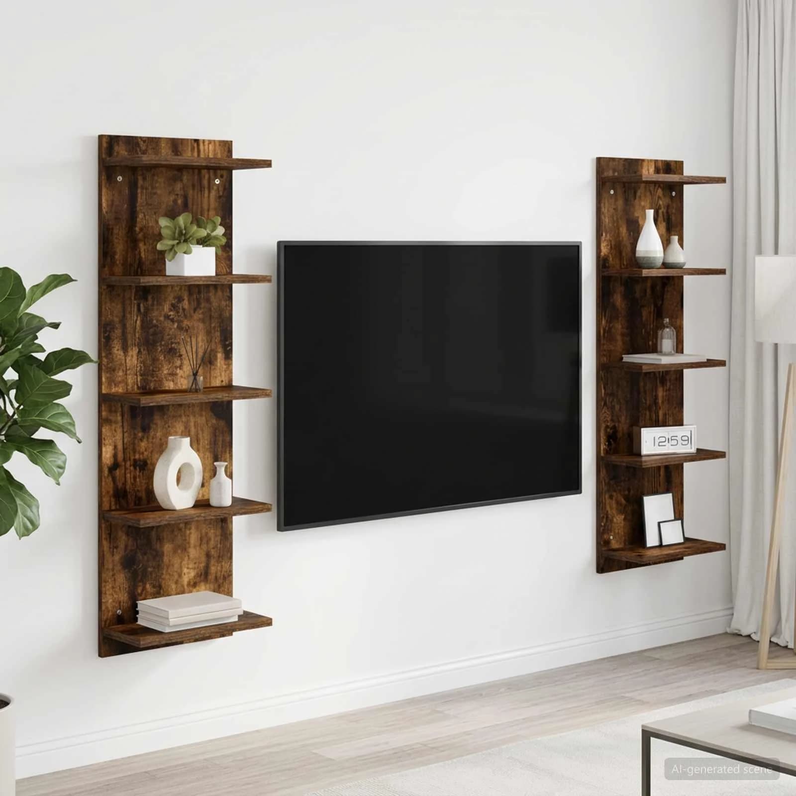 Stenska polica 2 kos Dimljen hrast 30 x 15 x 100 cm