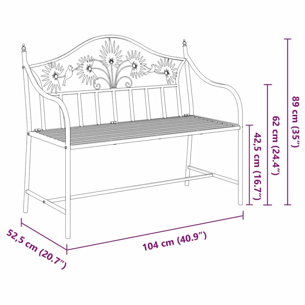 Vrtna klop Črna 104 x 52,5 x 89 cm Jeklo - slika 9
