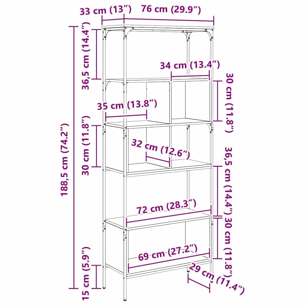 Knjižna omara 7 nivojev 76 x 33 x 188,5 cm Inženirski les - slika 12