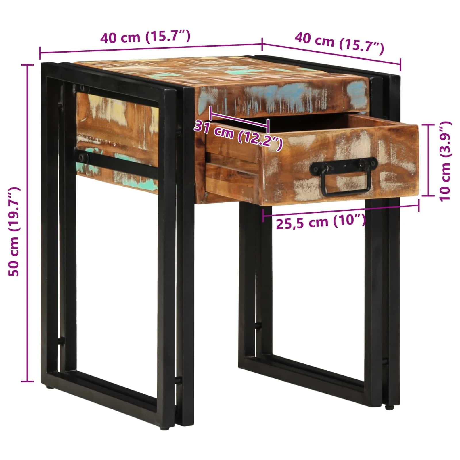 Stranska miza s predalom 40 x 40 x 50 cm Trdna obnovljena les - slika 6