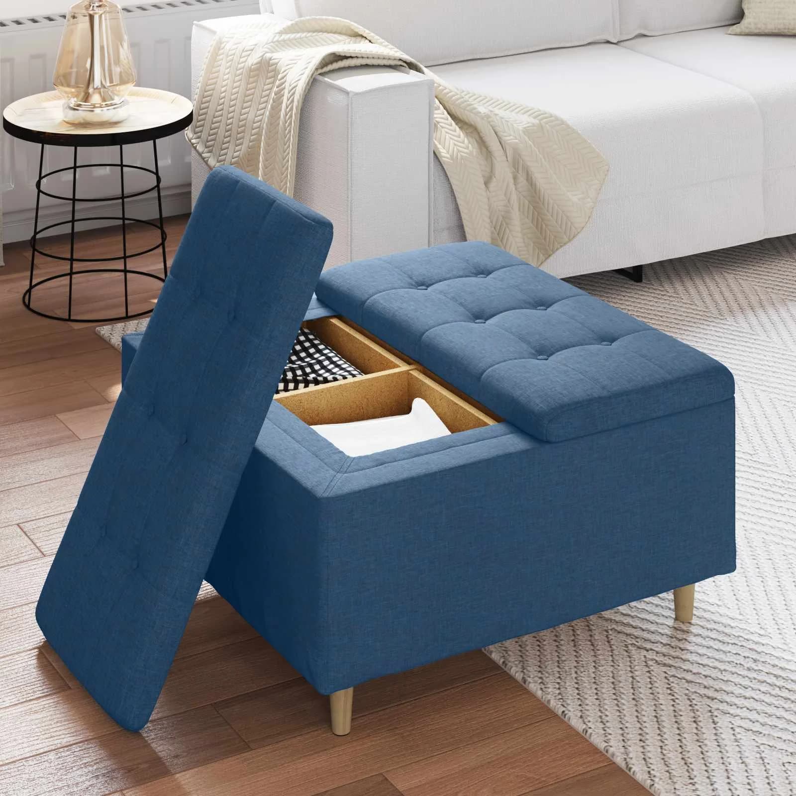 Shranjevalna tabureta z blazino Modra 80 x 80 x 45 cm blago - slika 4