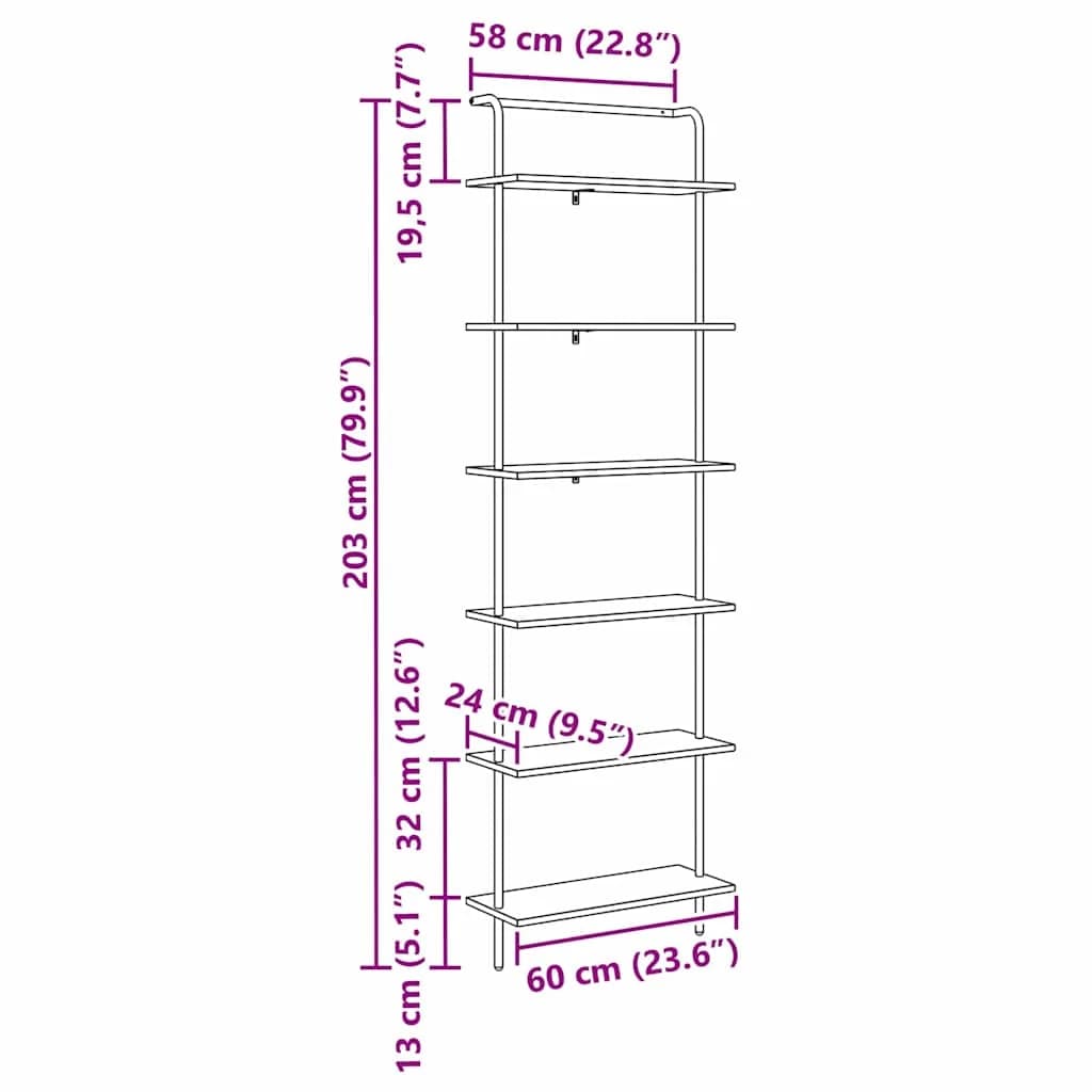 Knjižna polica 6 nivojev 60 x 24 x 203 cm Inženirski les - slika 12