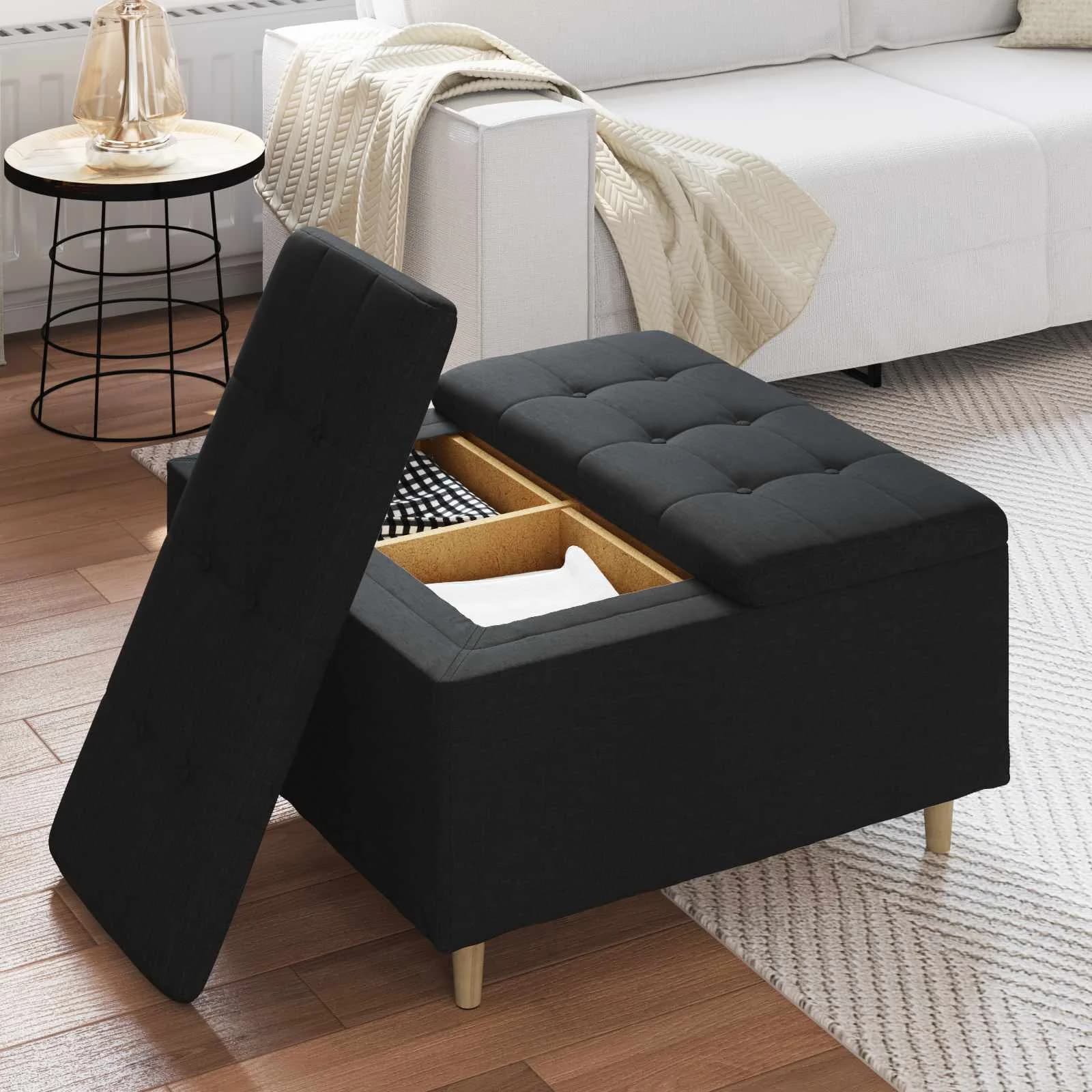 Shranjevalna tabureta z blazino Črna 80 x 80 x 45 cm blago - slika 4