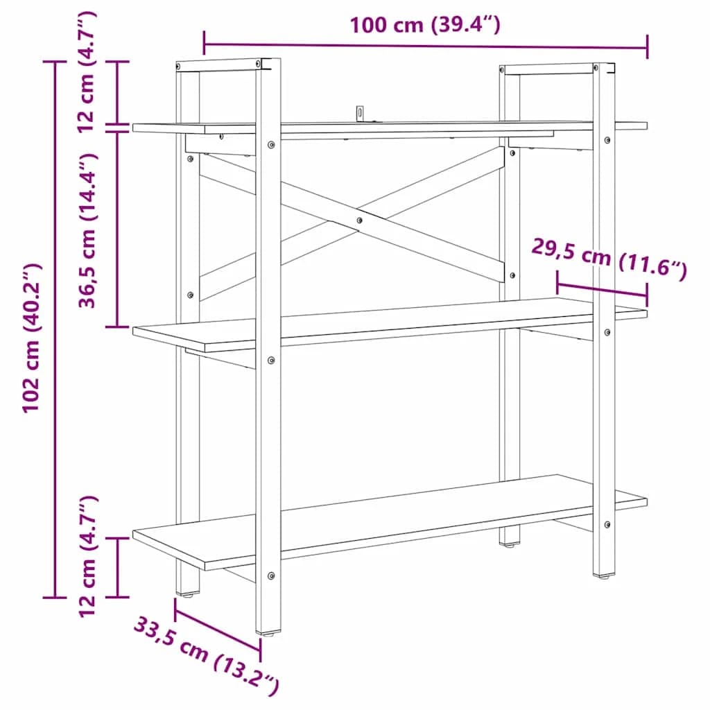 Knjižna polica 3 nivojev 100 x 33,5 x 102 cm Inženirski les - slika 12