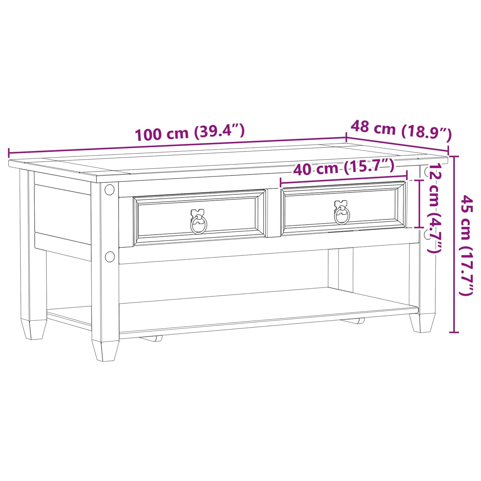 Klubska miza s predalom Bela 100 x 48 x 45 cm Trdna borovina - slika 9