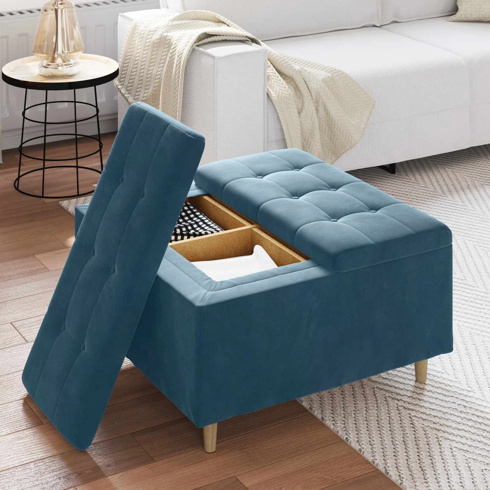 Shranjevalna tabureta z blazino Modra 80 x 80 x 45 cm Žamet - slika 4