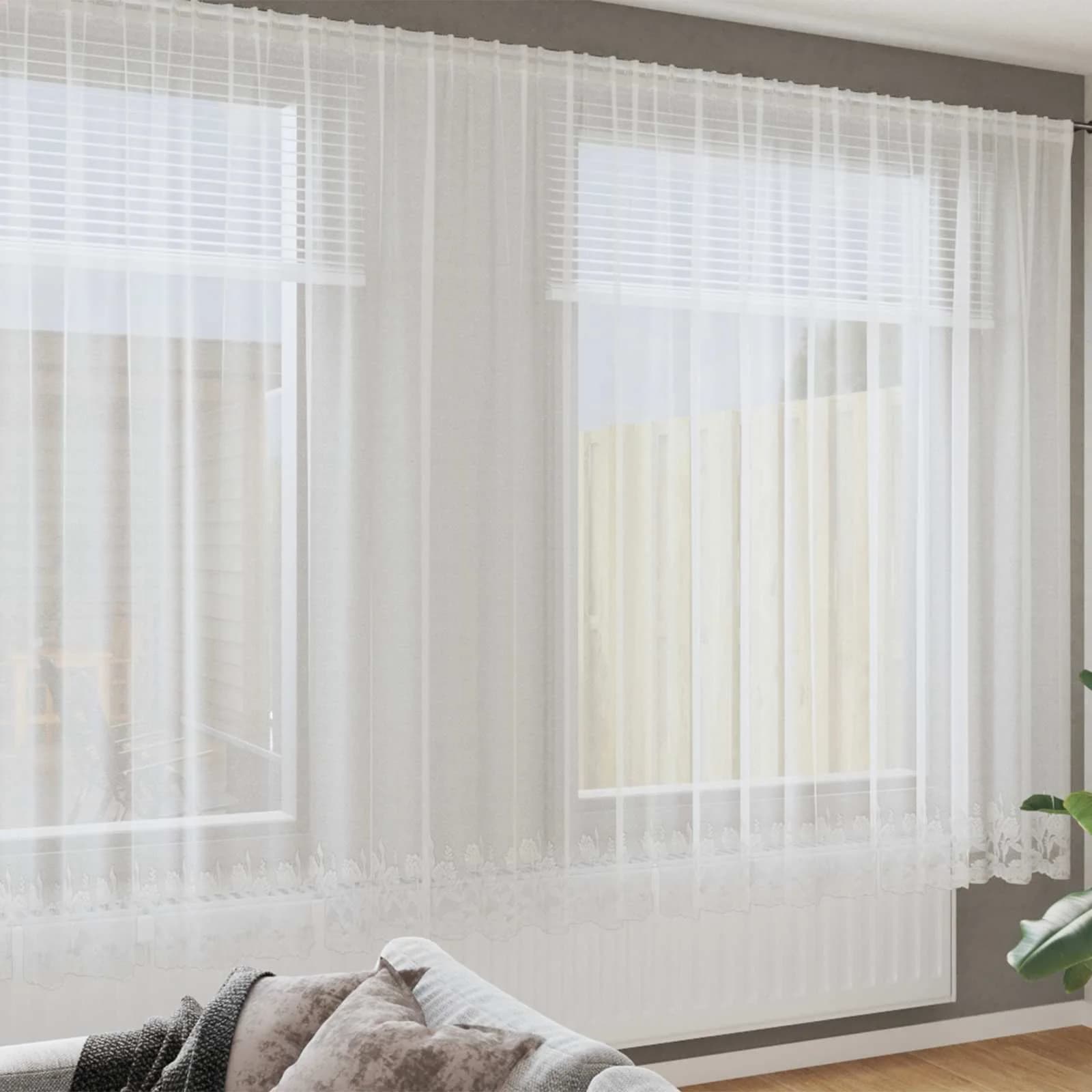 Čipkasta Zavesa z zavesami Cvetlični Bela 240x900cm Poliester