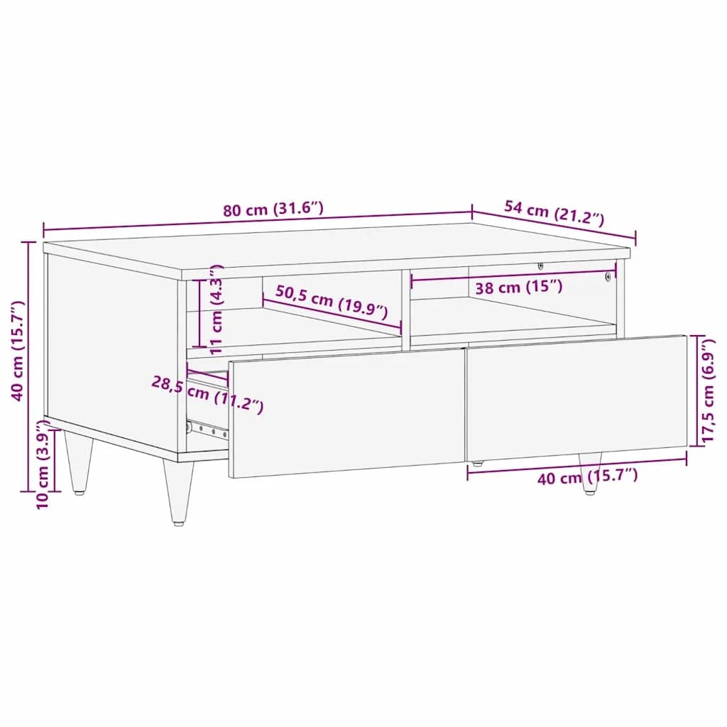 Klubska miza s predalom Črna 80 x 54 x 40 cm Masiven les manga - slika 11