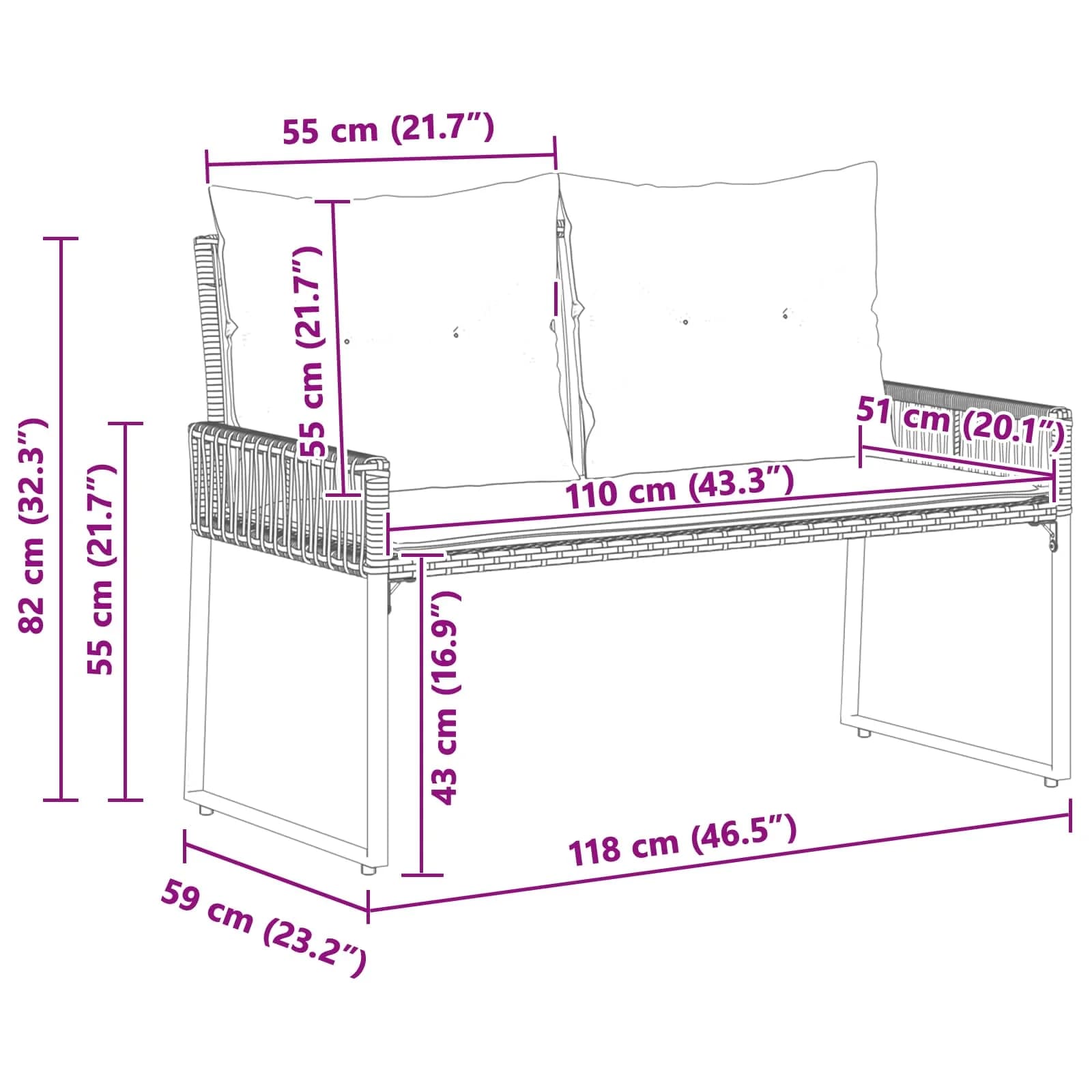 Zunanja klop 2 -Seater 4 kos 110 x 59 x 82 cm poli ratan - slika 12