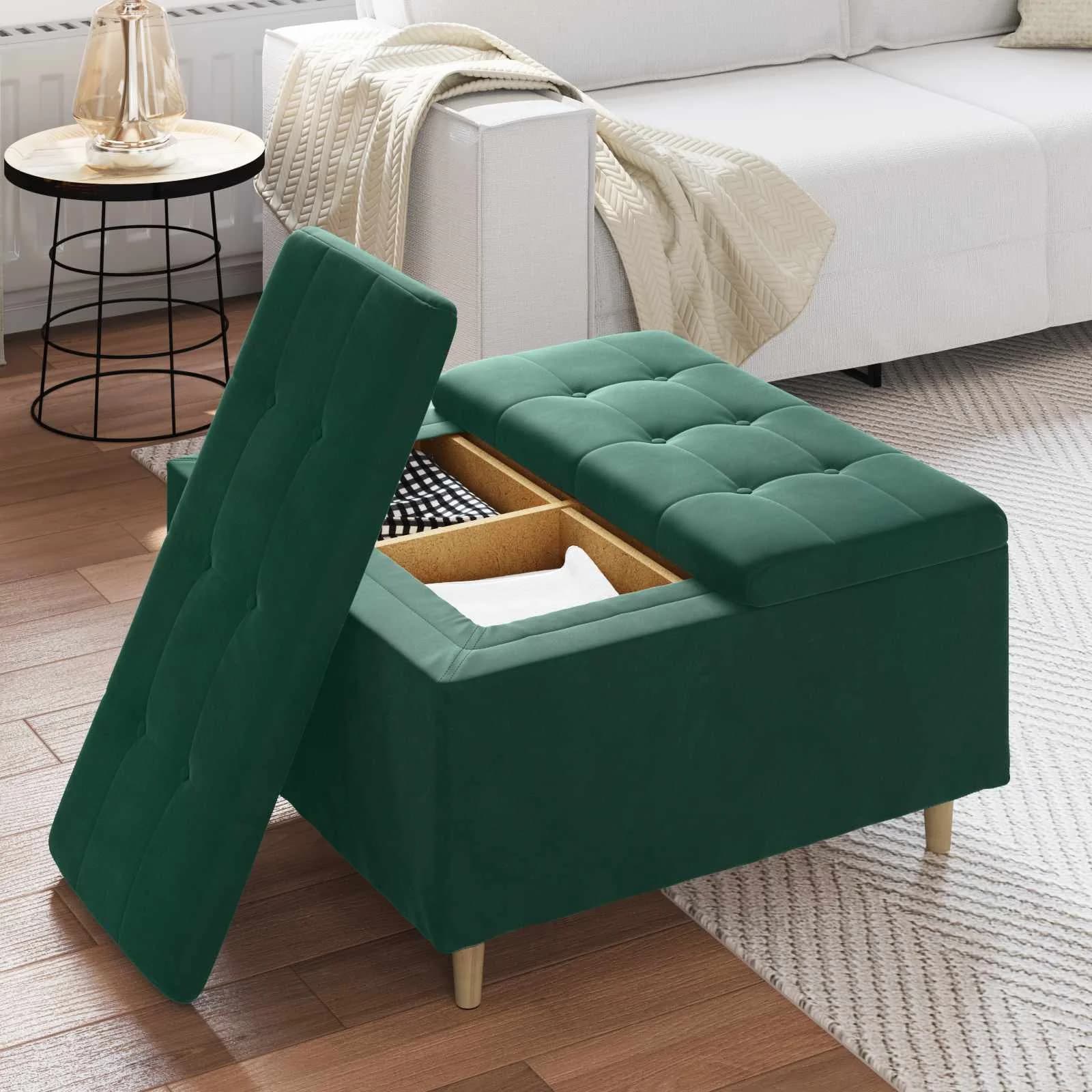 Shranjevalna tabureta Temno zelena 80 x 80 x 45 cm Žamet - slika 4
