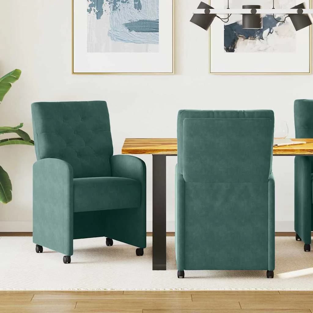 Jedilni stoli s kolesi 2 kos Žamet Temno zelena 58 x 67 x 97 cm
