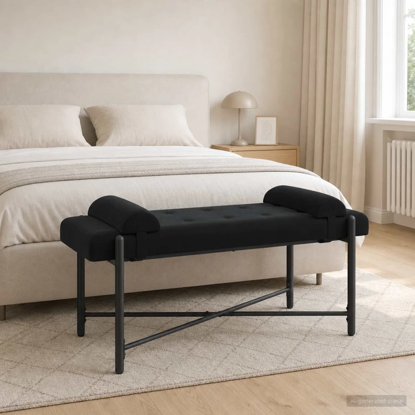 Klubska klop z gumbi in vzglavniki Črna 110 x 40 x 46 cm Žamet - slika 3