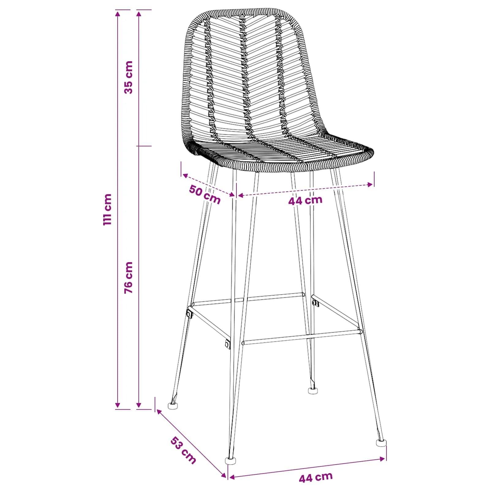 Barski stol 2 kos Črna 44 x 52 x 111 cm Ratan in železo - slika 11