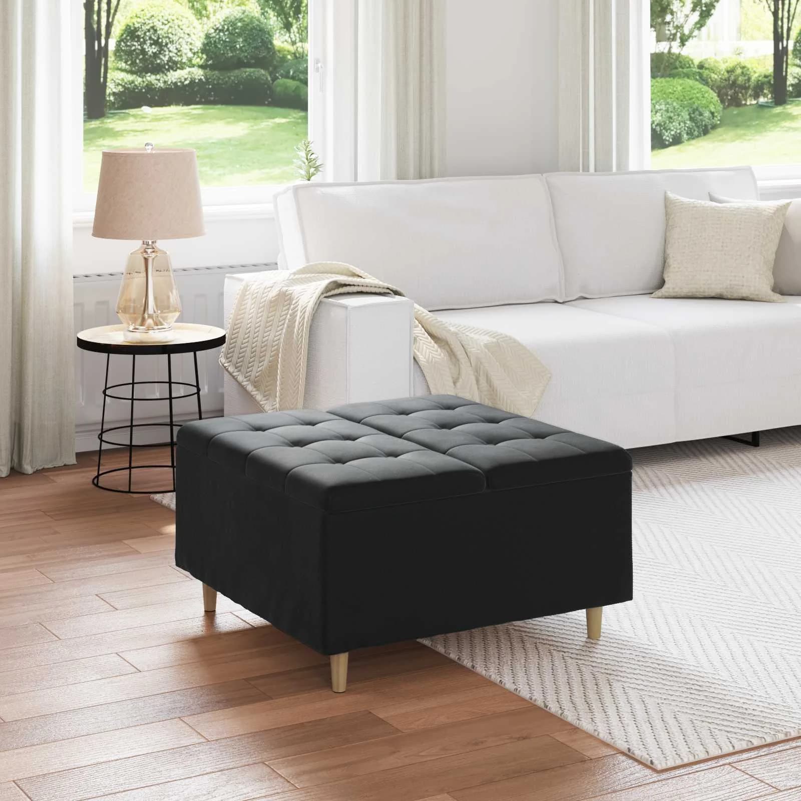Shranjevalna tabureta z blazino Črna 80 x 80 x 45 cm Žamet