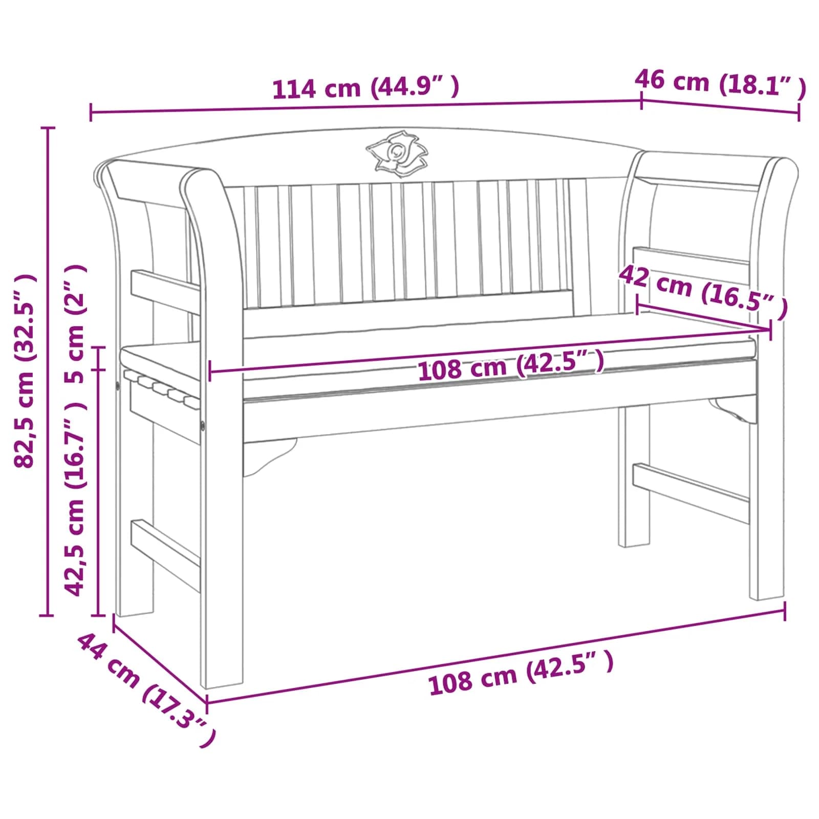 Klop s rozami Naravna 114 x 46 x 82,5 cm Masiven les akacije - slika 9