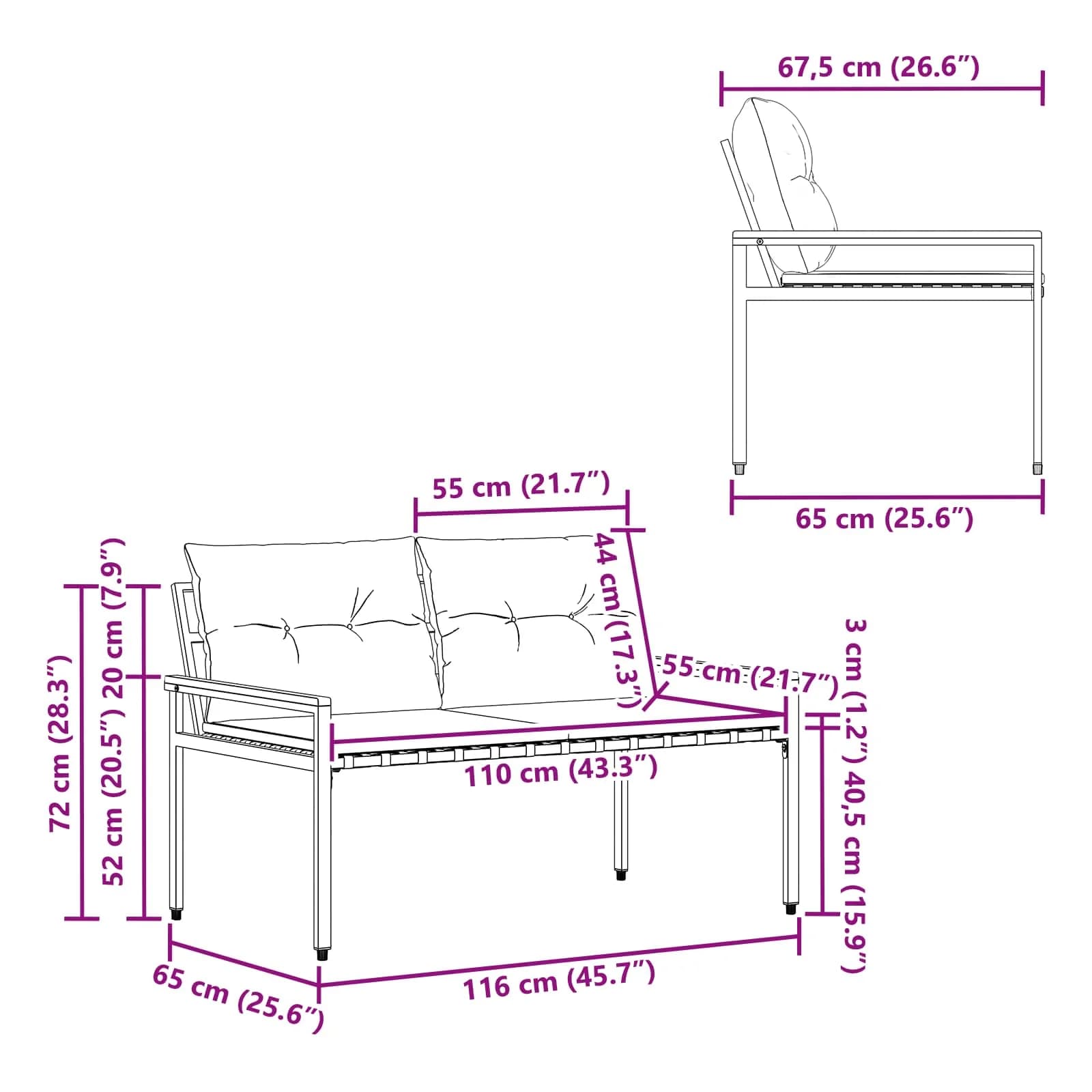 Zunanja klop 2 -Seater 116 x 67,5 x 72 cm poli ratan Temno siva - slika 11