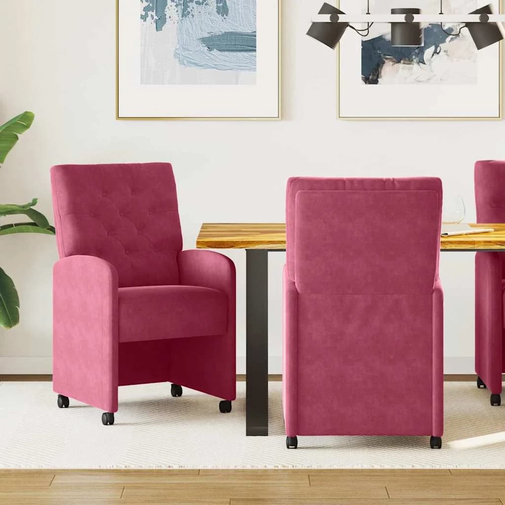 Jedilni stoli s kolesi 2 kos Žamet vinsko rdeča 58 x 67 x 97 cm