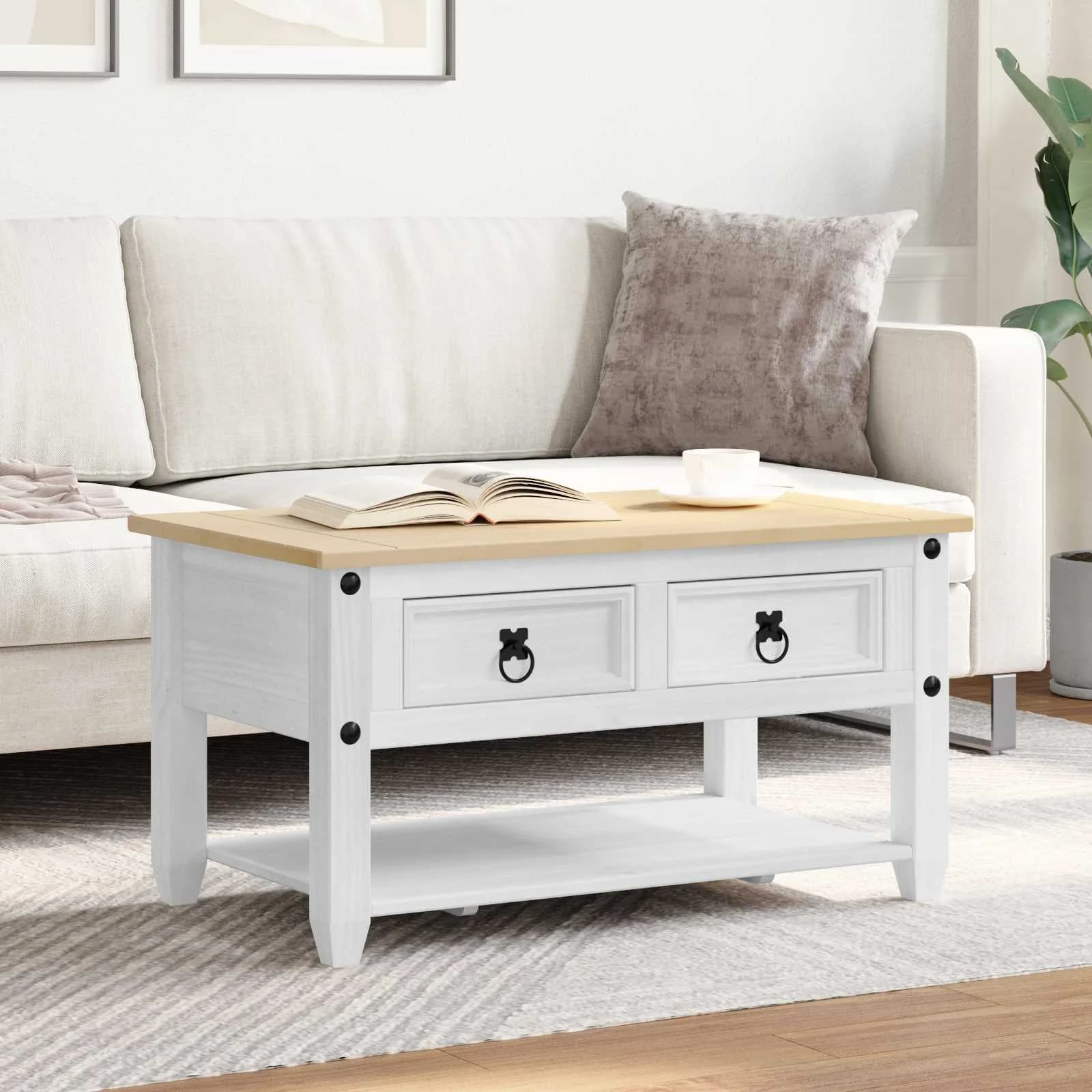 Klubska miza s predalom Bela 85 x 50 x 45 cm Masivno borovo les