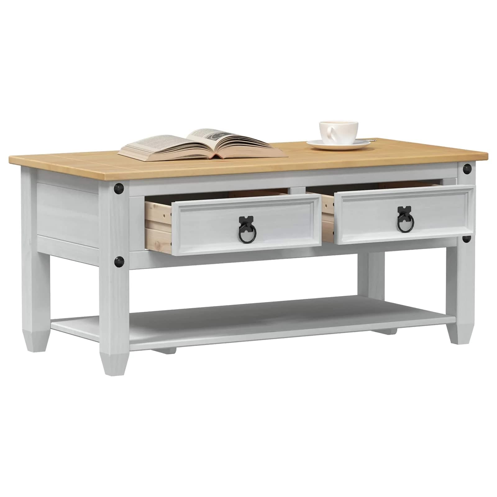 Klubska miza s predalom Bela 100 x 48 x 45 cm Trdna borovina - slika 3