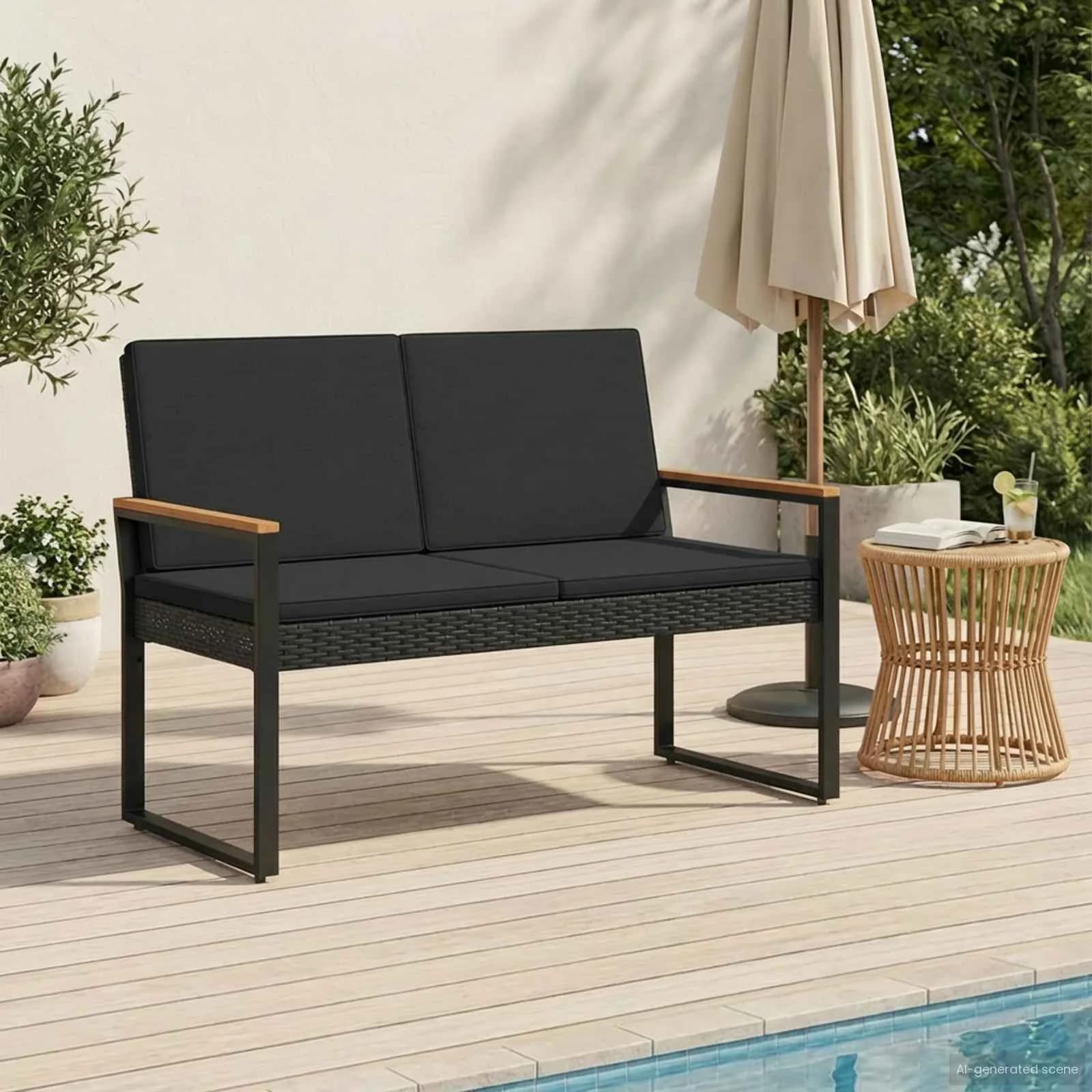 Zunanja klop z blazino Črna 107 x 61 x 80 cm poli ratan - slika 3