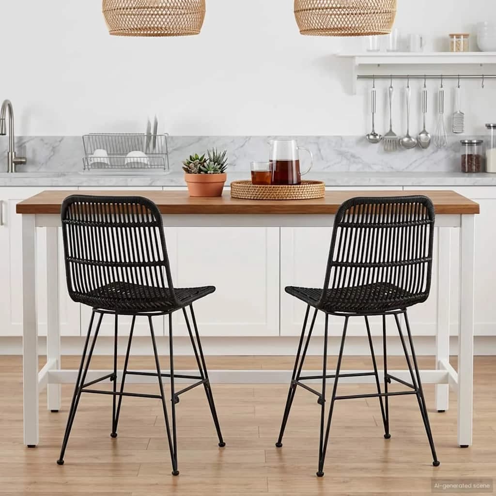 Jedilna stolica 2 kos Rattan in jeklo Črna 41 x 55 x 85 cm