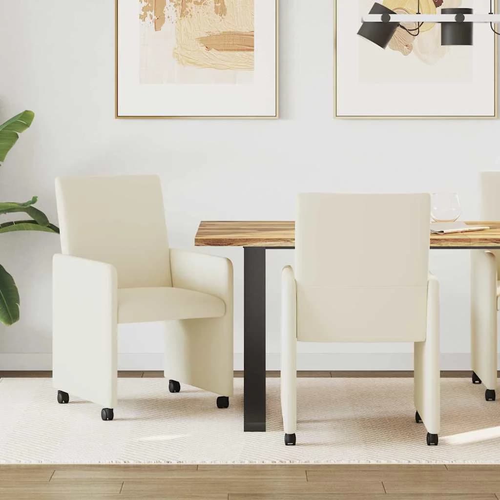 Jedilni stoli s kolesi 2 kos Umetna koža krema 57 x 66 x 94 cm