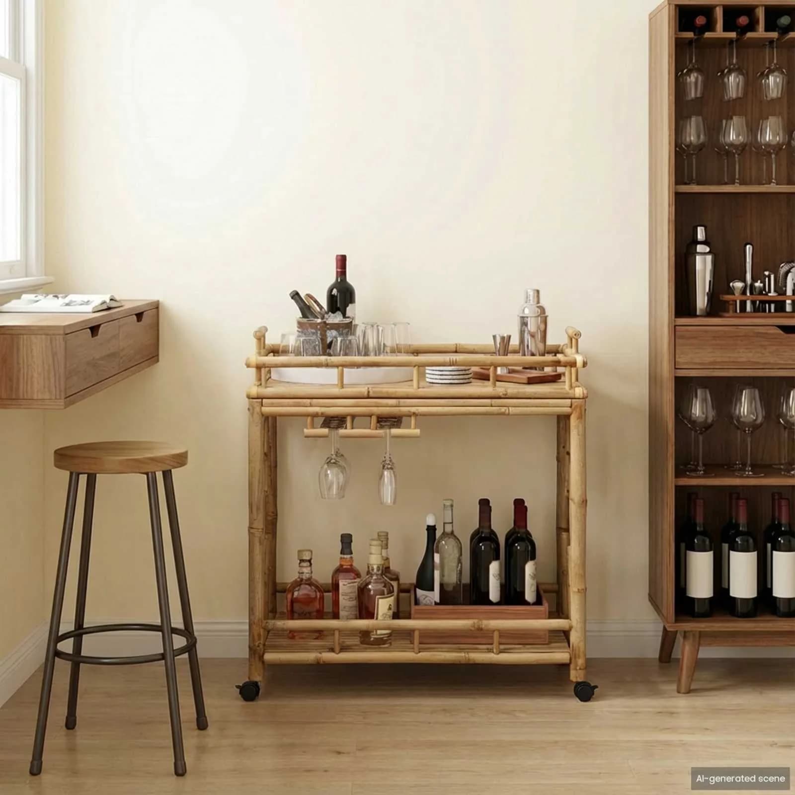 Voziček za vino s kolesi Naravna 85 x 50 x 93 cm Bambus - slika 3