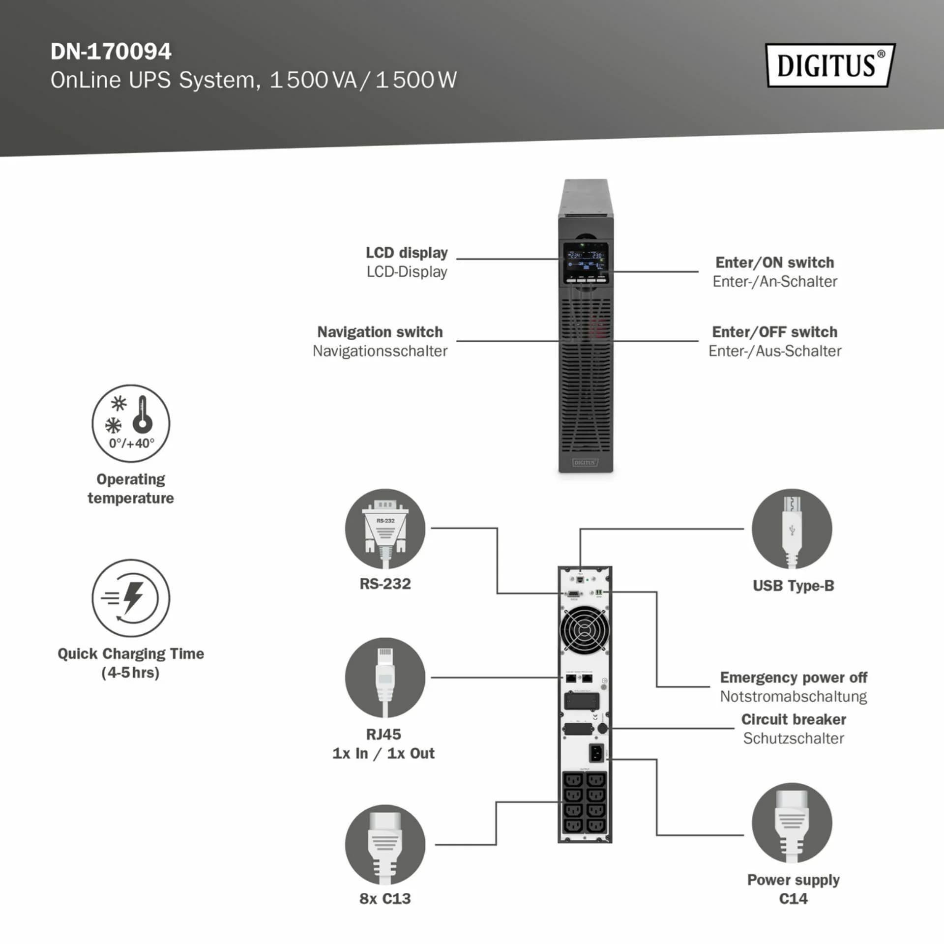 Digitus Digitus UPS rack 1500VA/1500W OnLine DN-170094 Brezprekinitveno napajanje (UPS)