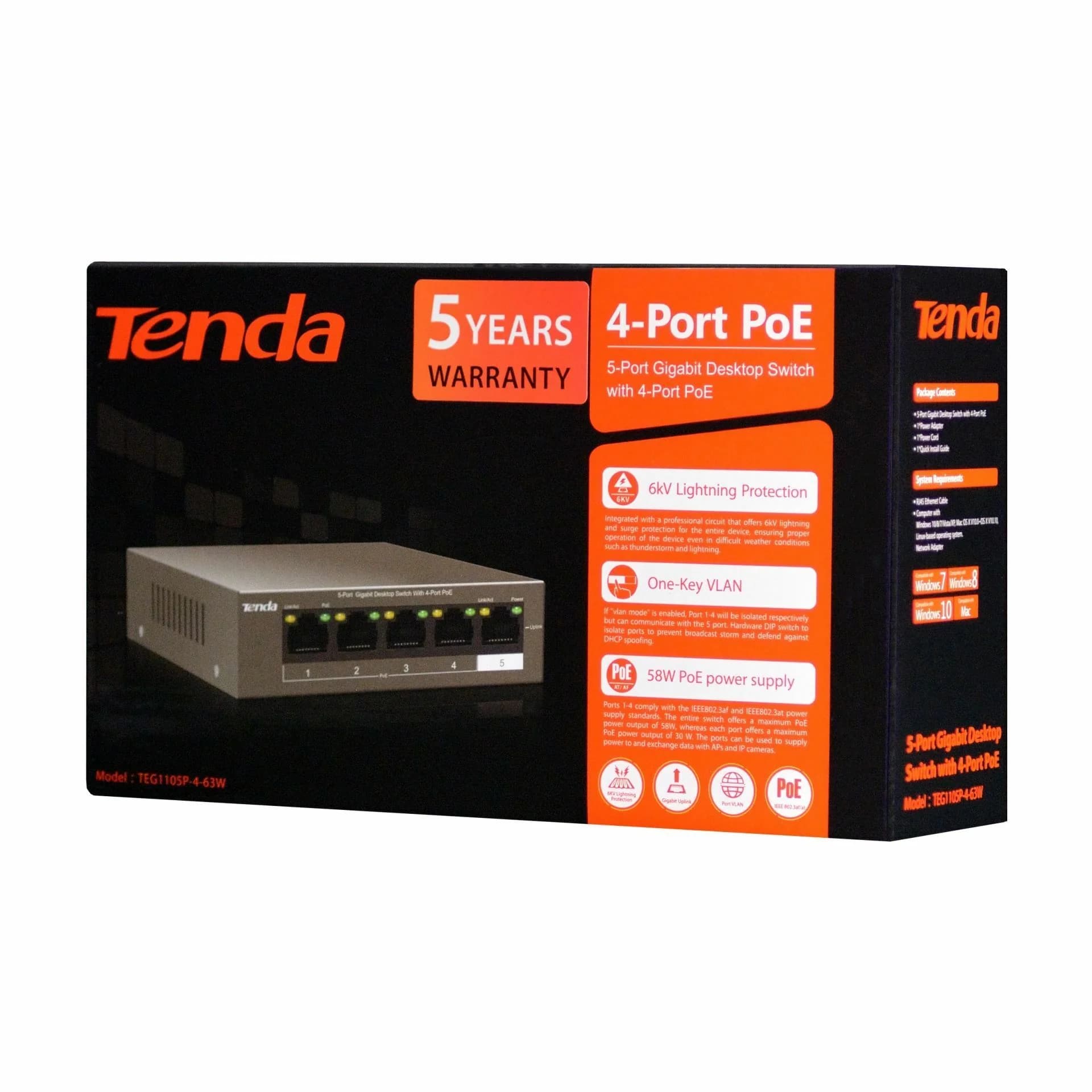 Tenda Tenda stikalo Giga  5-port 4x PoE mini kovinsko ohišje TEG1105P-4-63W Mrežna stikala